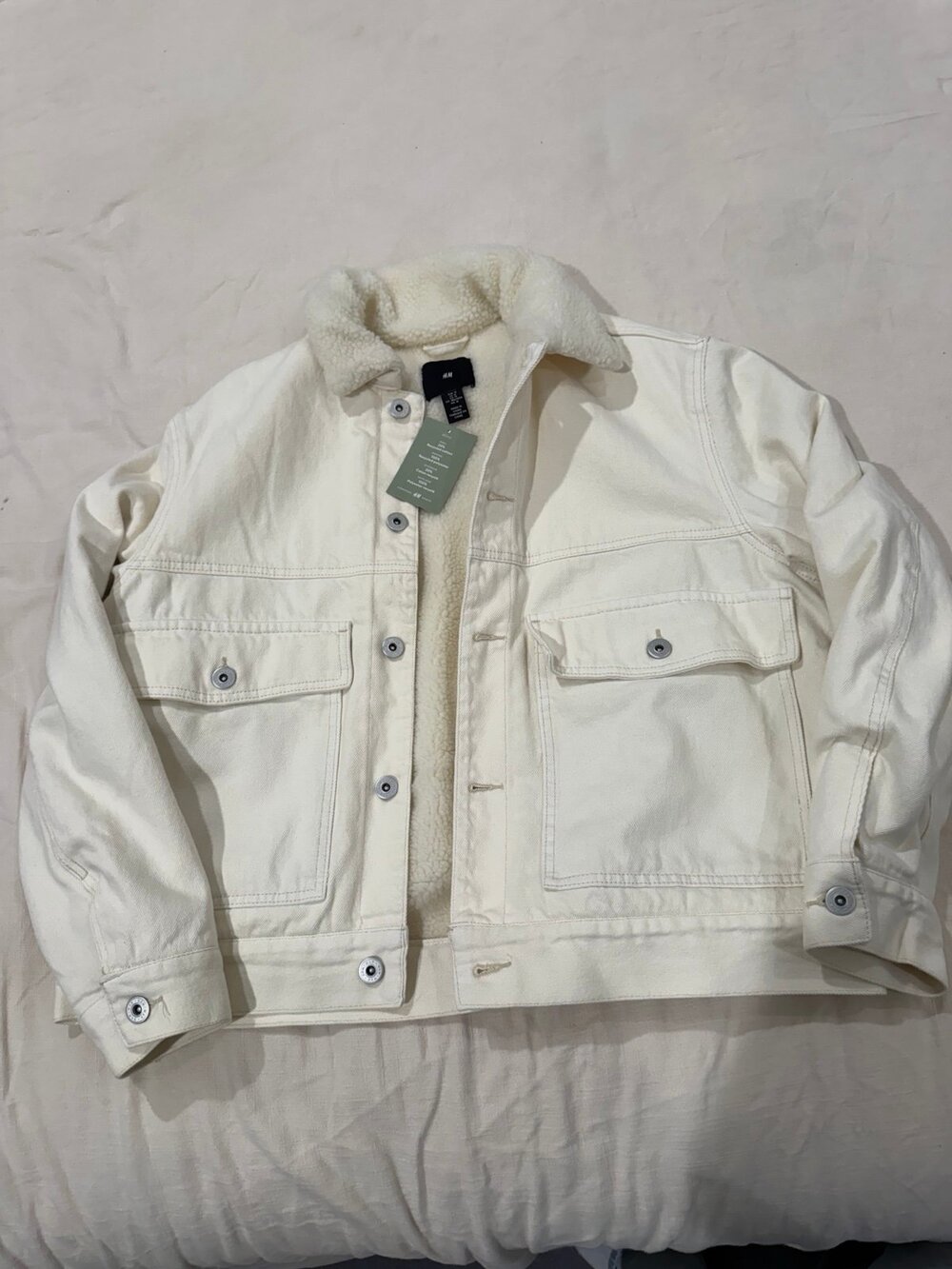 H&M Cream Sherpa Lined Denim Trucker Jacket Size M NWT